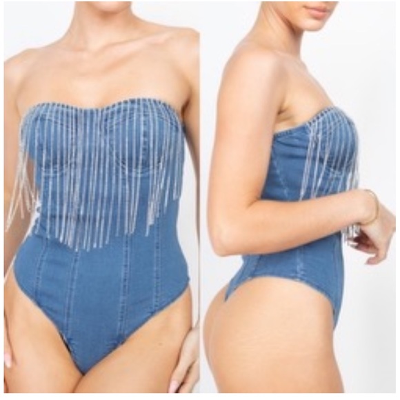 Strapless Fringe Rhinestone Detail Denim Bodysuit - Picture 2 of 5